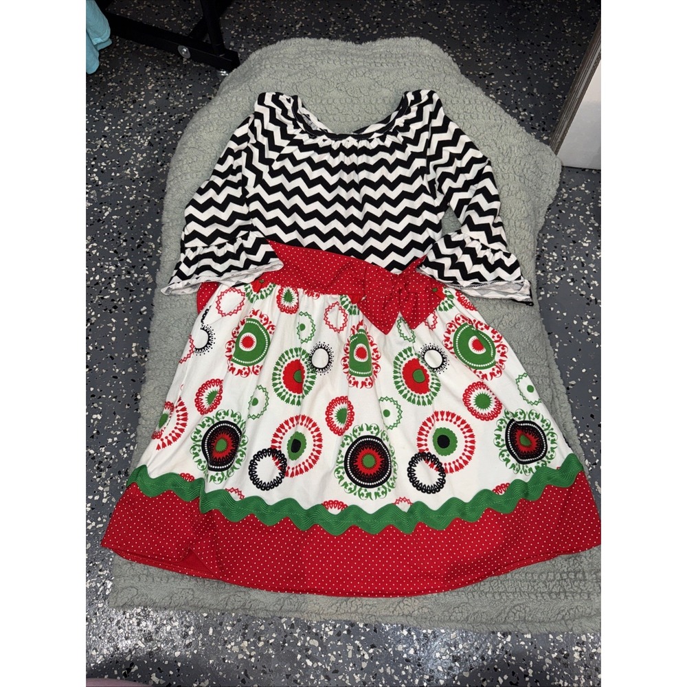 Rare Editions Girls Christmas Dress Size 6 Black Chevron Red Green Print